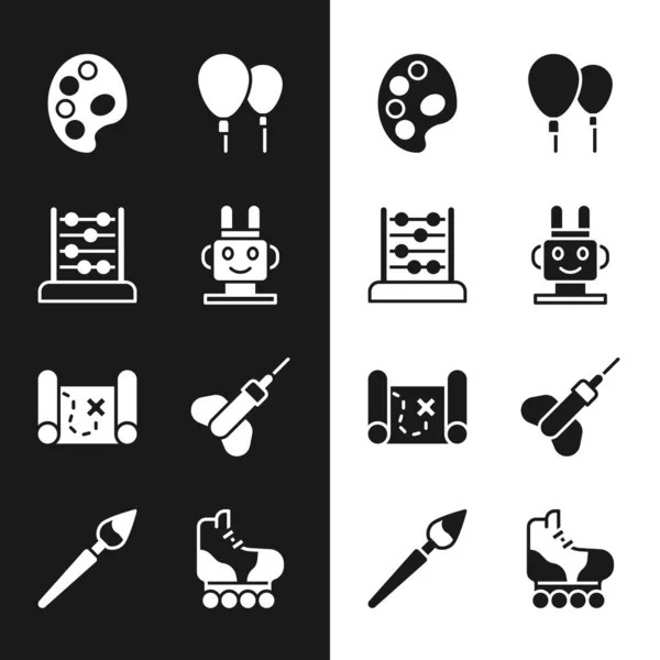 Set Robot toy, Abacus, Palette, Balloons, Pirate treasure map, Dart arrow, Roller skate, Paint brush icon. Vector — 스톡 벡터