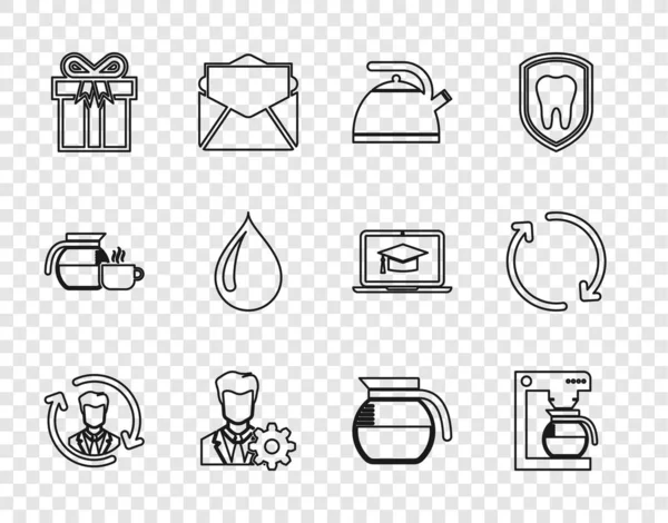 Set line Human resources, Koffiemachine met pot, Waterkoker handvat, Profiel instellingen, Geschenkdoos, Waterdruppel, en Vernieuwen pictogram. Vector — Stockvector