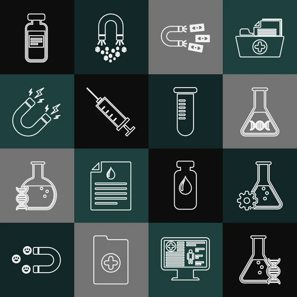 集DNA研究、搜索、生物工程、磁带钱、注射器、闪电、药瓶、安培和试管或瓶子图标为一体。B.病媒 — 图库矢量图片