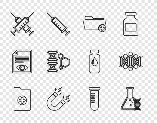 Atur baris catatan klinis, penelitian DNA, pencarian, folder Kesehatan, Magnet dengan petir, jarum suntik silang, rekayasa genetika, tabung pengujian termos dan ikon. Vektor - Stok Vektor