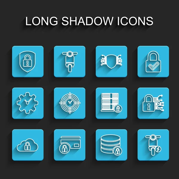 ラインクラウドコンピューティングロック、クレジットカード、シールドセキュリティ、サーバー、電動スクーター、時間管理、サイバーとアイコンを設定します。ベクトル — ストックベクタ