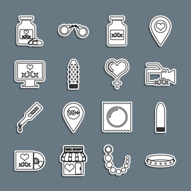 Set line Leather fetish collar, Dildo vibrator, Video camera with Sex, Bottle pills for potency, Monitor 18 plus content, and Female gender and heart icon. Vector