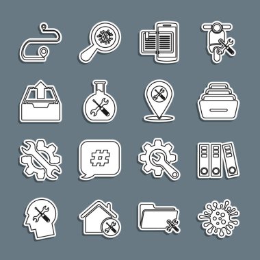 Satır Bakterileri, Ofis klasörleri, Belgeli Çekmeceler, Akıllı Telefon ve Kitap, Biyomühendislik servisi, Gönderen Kutusu, Yol konumu ve Konum simgesi. Vektör