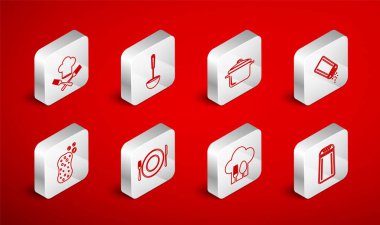 Tuz ve biber, mutfak kepçesi, tencere, çatal kaşıklı şef şapkası, tabak, bıçak ve sünger köpüğü ikonu. Vektör