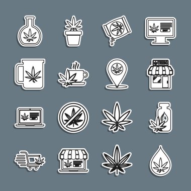 Marihuana ya da kenevir yaprağı yağı, ve mağaza, tohum, marihuana ile çay, test tüpü ve konum ikonu. Vektör