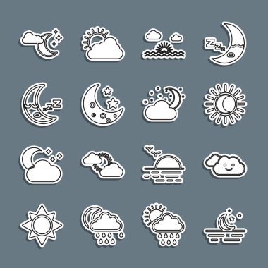 Ay ve yıldızlar çizgisi, Bulut, Güneş tutulması, Günbatımı, ikon, ay ve ikon. Vektör