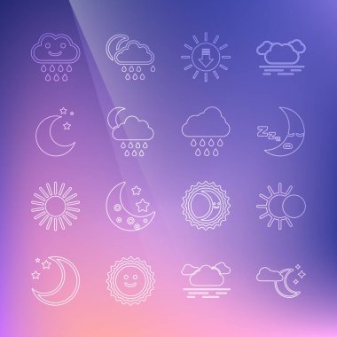 Cloud 'u ay ve yıldızlarla, Güneş tutulmasını, Ay ikonunu, Günbatımını, yağmuru ve ikonu ile aynı hizaya getir. Vektör