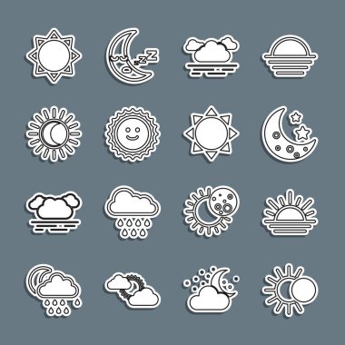 Güneş tutulması, günbatımı, ay ve yıldızlar, Bulut ve ikon çizgisini belirle. Vektör