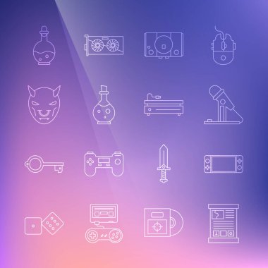 Set satırı oyun rehberi, taşınabilir video oyun konsolu, mikrofon, video, sihirli iksirli şişe, şeytan boynuzlarının maskesi ve ikon. Vektör