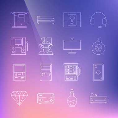 Satır oyun konsolunu ayarla, elmaslı kart oyna, patlamaya hazır bomba, gizemli ya da rastgele kutu, sanal gerçeklik gözlüğü, taşınabilir video, kartuşu ve bilgisayar monitörü simgesi. Vektör