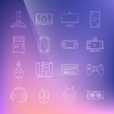Satır çizgisi Video Grafik Kartı, Gamepad, Canlı yayın çevrimiçi, Bilgisayar monitörü, Poker masası, Oyun makinesi için Joystick ve Taşınabilir Oyun konsolu simgesi. Vektör