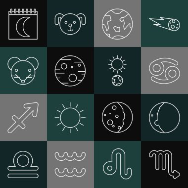 Scorpio Zodiac, Güneş tutulması, Kanser, Dünya Gezegeni, Mars, Fare, Ay evreleri takvimi ve Gündönümü ikonu. Vektör