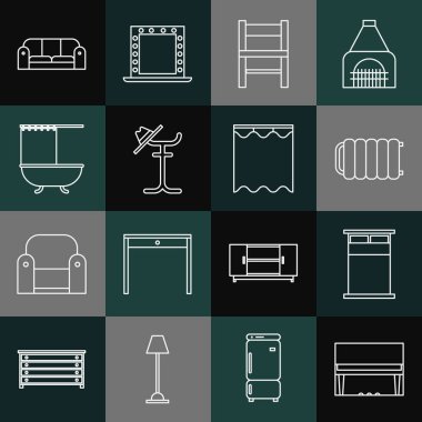 Büyük piyano, büyük yatak, ısıtma radyatörü, sandalye, palto standı, duş perdeli küvet, kanepe ve perde ikonu. Vektör