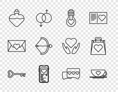 Anahtarı kalp şeklinde ayarla, kahve fincanı, kalp ampulü, cep telefonu, aşk iksiri, yaylı ok, alışveriş poşeti ikonu. Vektör
