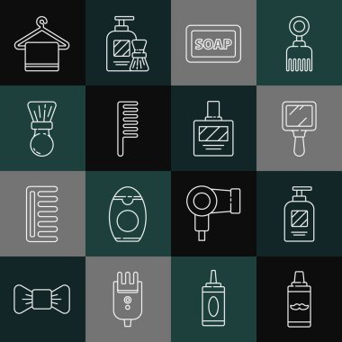 Tıraş köpüğü, şampuan şişesi, el aynası, bar sabunu, saç fırçası, havlu askı ve tıraş losyonu ikonu. Vektör