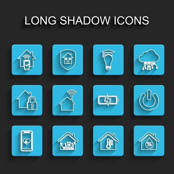 Aseta linja Mobiili sykkeellä, älykäs koti, kaukosäädin järjestelmä, talon lämpötila, kosteus, wi-fi, virtapainike ja akun kuvake. Vektori — vektorikuva