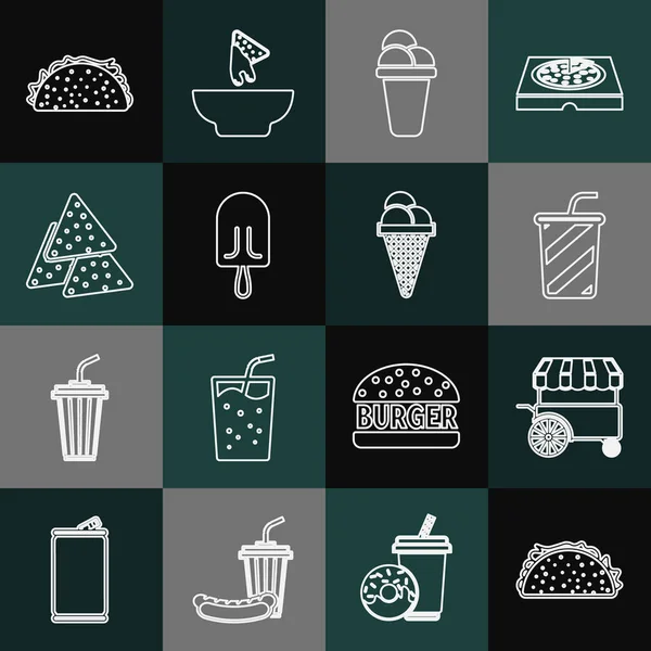 Set line Taco with tortilla, Fast street food cart, Glass water, Ice cream, Nachos, and in waffle cone icon. Vector — Stock Vector