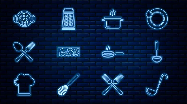 Definir linha de concha de cozinha, panela de cozinha, esponja com bolhas, garfo cruzado e colher, sopa, frigideira e ícone ralador. Vetor — Vetor de Stock
