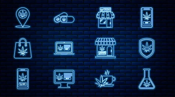 Ställ in linje Teströr med marijuana, Shield och, Marijuana cannabis butik, Onlineköp, Shopping väska, Plats, och medicinska piller ikon. Vektor — Stock vektor