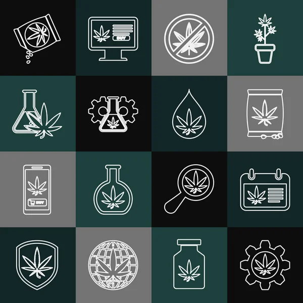 Test tüpünü marihuana, takvim, marihuana veya kenevir tohumu, dur ve yaprak yağı ikonu ile ayarla. Vektör — Stok Vektör