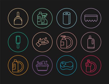 Bulaşık deterjanı şişesi ve tabağı, kumaş yumuşatıcısı, kağıt havlu rulosu, sabunla el yıkama, yapıştırıcı silindiri, faraş ve temizlik malzemesi ikonu için şişe. Vektör