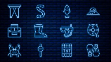 Yüzmek için kauçuk paletler, makaralı makaralar, balık yemi, botlar, kutu yalayıcı, katlanır sandalye, dalış maskesi ve şnorkel ve solucan ikonu. Vektör