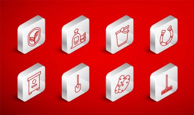 Hat çizgisi tırmık, tam çuval ve ahşap kutu, Kova, Nal, Patates, Yapraklı Kalkan, Kürek ve Arı Kovanı ikonu. Vektör