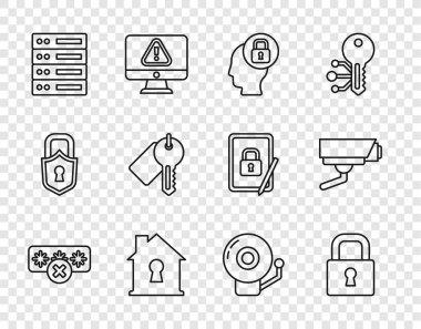 Satır Parola Koruması, Kilit, Kilitli İnsan Kafası, Ev Altında, Sunucu, Veri, Web Sunucusu, İşaretli Anahtar, Çalan Alarm Zili ve Güvenlik kamerası simgesi. Vektör