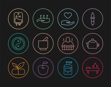 Yağ, su ısıtıcısı, kalp içeri, havan topu, Yin Yang, serum, sauna spa prosedürleri ve akupunktur terapisi ikonu ile masaj masası kurun. Vektör