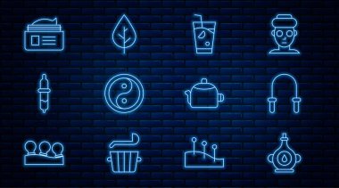 Yağ şişesi, atlama ipi, taze smoothie, Yin Yang, Pipette, merhem kremi tüpü, saplı kettle ve Yaprak ikonu. Vektör