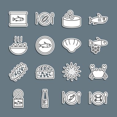 Yengeç, yengeç, havyarlı balık, teneke kutu, balık, çorba, konserve ve deniz kabuğu ikonu. Vektör