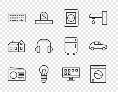 Radyo, çamaşır makinesi, elektrik prizi, ampul, klavye, kulaklık, akıllı televizyon ve araba ikonu. Vektör