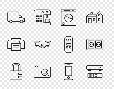 Hat güvenli kombinasyon kilidi, çoklu ortam ve televizyon kutusu, çamaşır makinesi, fotoğraf makinesi, teslimat kamyonu, İHA uçuşu, akıllı telefon ve elektrik çıkış ikonu. Vektör