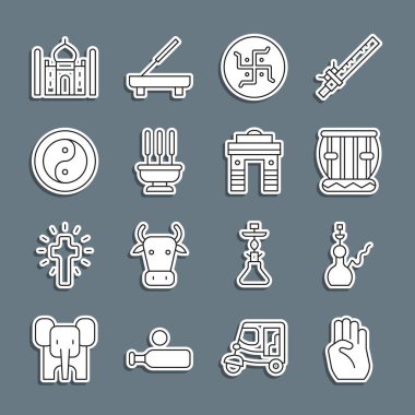 Hint sembolü el, Nargile, Enstrüman tablası, Hindu gamalı haçı, tütsü çubukları, Yin Yang, Taj Mahal ve Delhi ikonu. Vektör