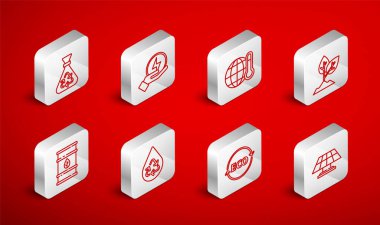 Güneş enerjisi paneli, yıldırım, küresel ısınma, bitki, ekolojik sağlıklı gıda etiketi, geri dönüşümlü çöp torbası, temiz su ve biyoyakıt varili ikonu. Vektör