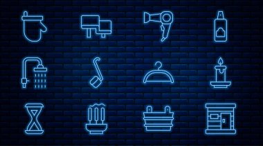 Sauna ahşap hamam, Aroma mumu, saç kurutma makinesi, kepçe, duş, eldiven, elbise dolabı ve bank ikonu. Vektör