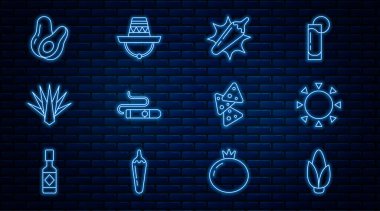 Corn, Sun, Hot chili biber podu, Puro, Agave, Avokado meyvesi, Nachos ve Meksika sombrero ikonu. Vektör