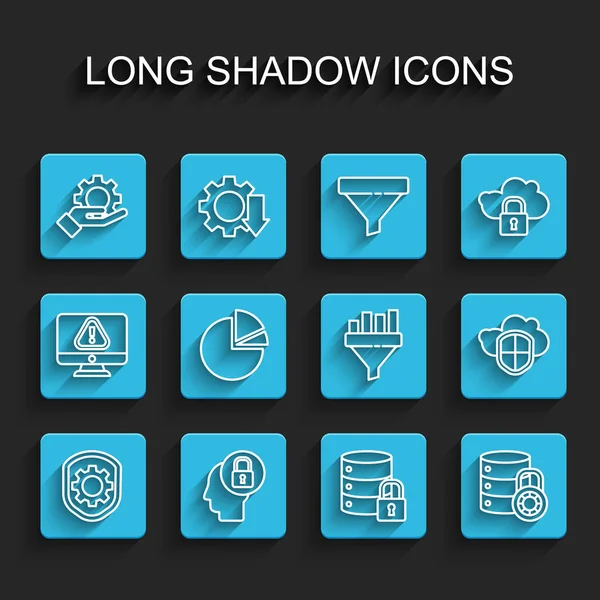 Définir le bouclier de ligne avec l'équipement de paramètres, verrouillage de la tête humaine, main, sécurité du serveur, infographie graphique à secteurs, bouclier nuage et icône de l'entonnoir de vente. Vecteur — Image vectorielle