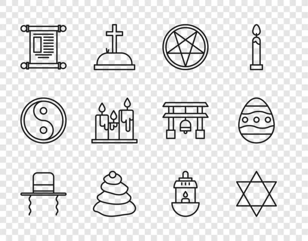 Set line Orthodox jewish hat with sidelocks, Star of David, Pentagram in circle, Stack hot stones, Decree, paper, parchment, scroll, Burning candles, Ramadan Kareem lantern and Easter egg icon. Vector — Stock Vector