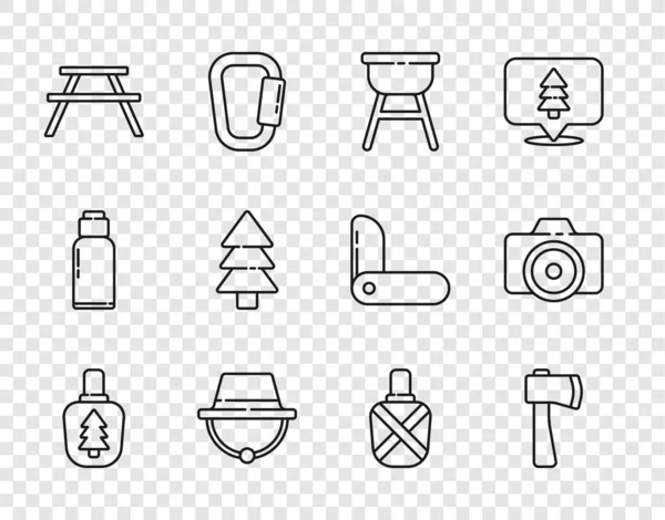 Set-Line Kantine Wasserflasche, Holzbeil, Grill, Campingmütze, Picknicktisch mit Bänken, Baum und Fotokamera-Symbol. Vektor — Stockvektor