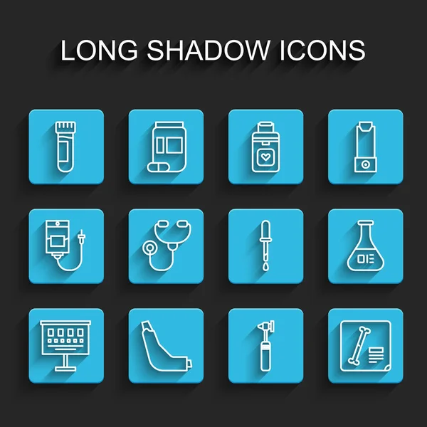 Réglage Diagramme de test oculaire, inhalateur, éprouvette avec sang, outil d'otoscope médical, clichés radiographiques, stéthoscope et icône de fiole et de pipette. Vecteur — Image vectorielle