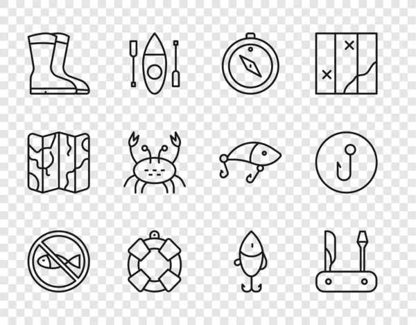 Set line No fishing, Swiss army knife, Compass, Lifebuoy, Fishing boots, Crab, lure and hook icon. Vector — Stock Vector
