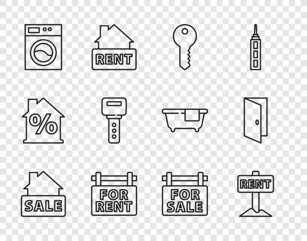 Sale, Rent, House key, For, Washer, and Closed door icon 로 줄매달린 표지판. Vector — 스톡 벡터