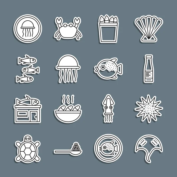 Набор линии Stingray, морской ежок, бутылка соуса, ведро для рыбалки с рыбами, медузы, рыбы, на тарелке и икона Фугу. Вектор — стоковый вектор