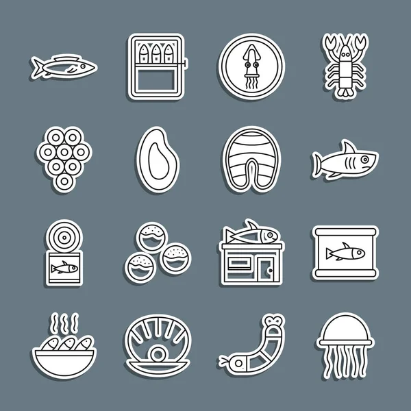 Set line Jellyfish, Canned, Shark, Octopus on plate, Mussel, Caviar, Fish and steak icon. Vector — Stock Vector