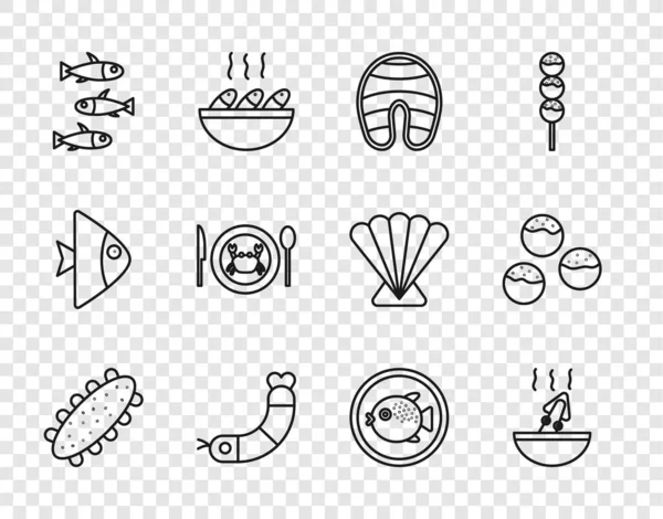 Set Seegurke, Suppe mit Oktopus, Fischsteak, Garnelen, Fische, Servierte Krabben auf Teller, Kugelfisch und Takoyaki-Symbol. Vektor — Stockvektor