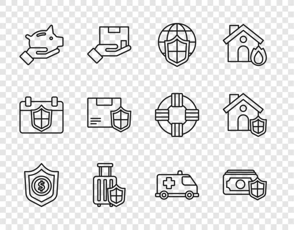 Set line Shield met dollar, Money shield, world globe, Travel koffer, Piggy bank, Leveringsbeveiliging, Emergency auto en House icoon. Vector — Stockvector