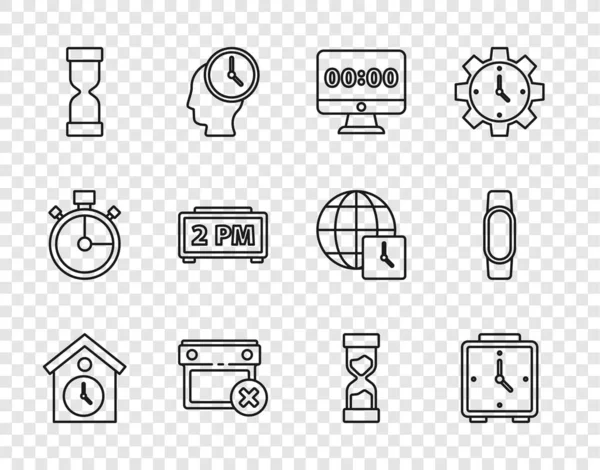 Establecer línea Reloj de pared retro, Reloj despertador, Reloj en monitor, Fecha de calendario eliminar, Reloj de arena antiguo, Alarma digital, y el icono Smartwatch. Vector — Archivo Imágenes Vectoriales