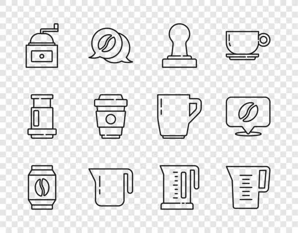 Set line Taška kávových zrn, džbán sklenice s vodou, Káva manipulace, hrnec, Ruční bruska, pohár jít, Rychlovarná konvice a ikona Umístění. Vektor — Stockový vektor