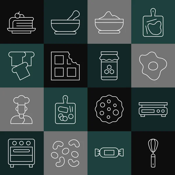 Set Küchenbesen, elektronische Waagen, Rührei, Mehlschale, Schokoriegel, Brottoast, Kuchenstück und Glas Honig Symbol. Vektor — Stockvektor